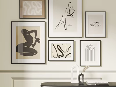 Elegant Framed Wall Art Display With Abstract Lines Human Silhouettes Text Art And Modern Decor 3d model