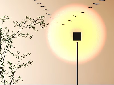 Yellow Sun With Red Halo And Flying Birds Near Tree Branches And Street Lamp 3d model