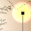 Yellow Sun With Red Halo And Flying Birds Near Tree Branches And Street Lamp