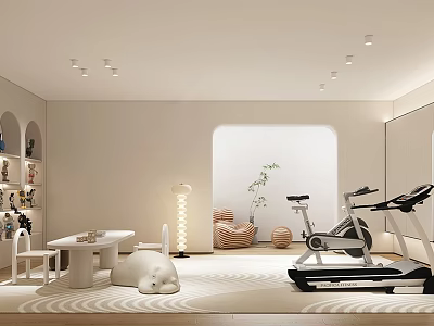 Modern Open Entertainment Room With White Furniture Fitness Equipment Stuffed Polar Bear Bookshelf And Rug 3d model