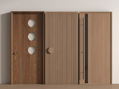 Wooden Swing Doors With Circular Cutouts Vertical Slats And Modern Design For Home Interior 3d model