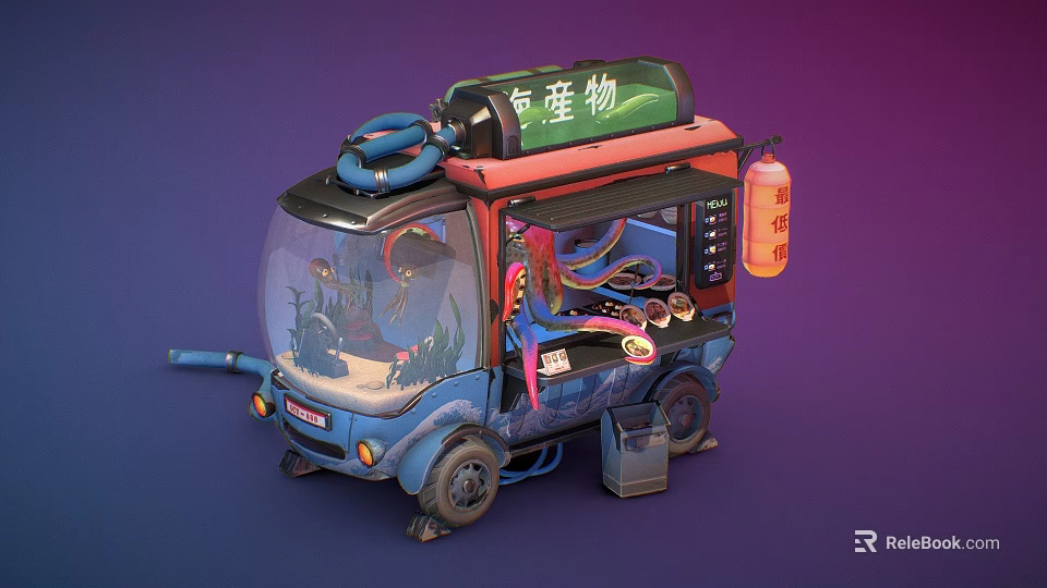 Creative Octopus Food Truck with Transparent Display Window Tire Decorations Colorful Graffiti and Fire Extinguisher 3d model 