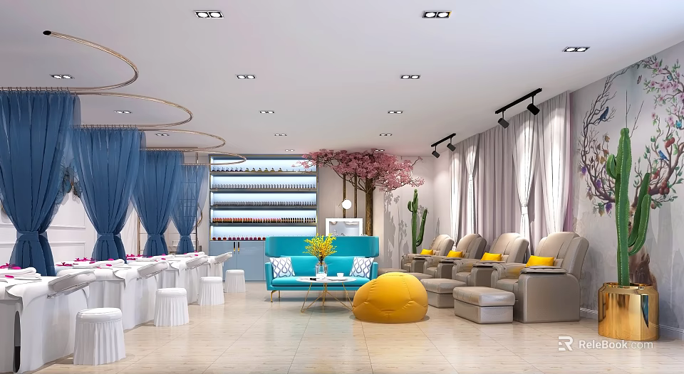 Modern Beauty Salon Interior With Blue Sofa White Tables And Pink Cherry Blossom Tree 3d model 