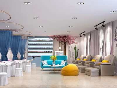 Modern Beauty Salon Interior With Blue Sofa White Tables And Pink Cherry Blossom Tree 3d model