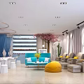 Modern Beauty Salon Interior With Blue Sofa White Tables And Pink Cherry Blossom Tree