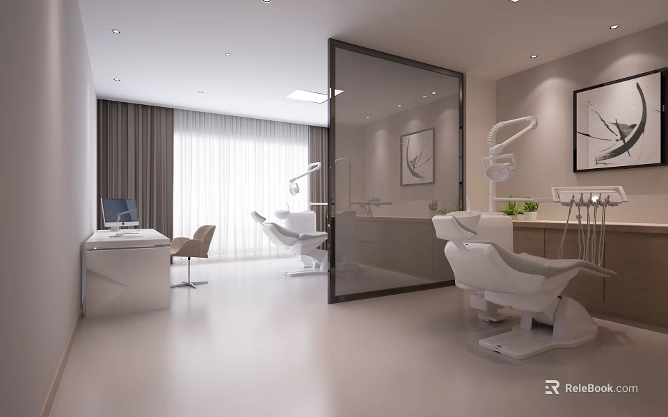 Modern Dental Clinic Interior With Treatment Chairs Glass Partition Desk Window Curtains And Wall Art 3d model 