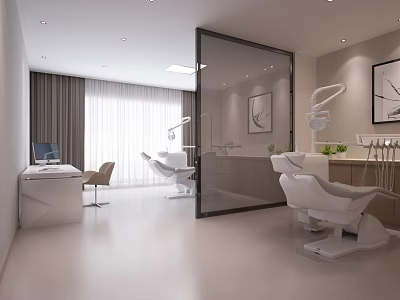Modern Dental Clinic Interior With Treatment Chairs Glass Partition Desk Window Curtains And Wall Art 3d model