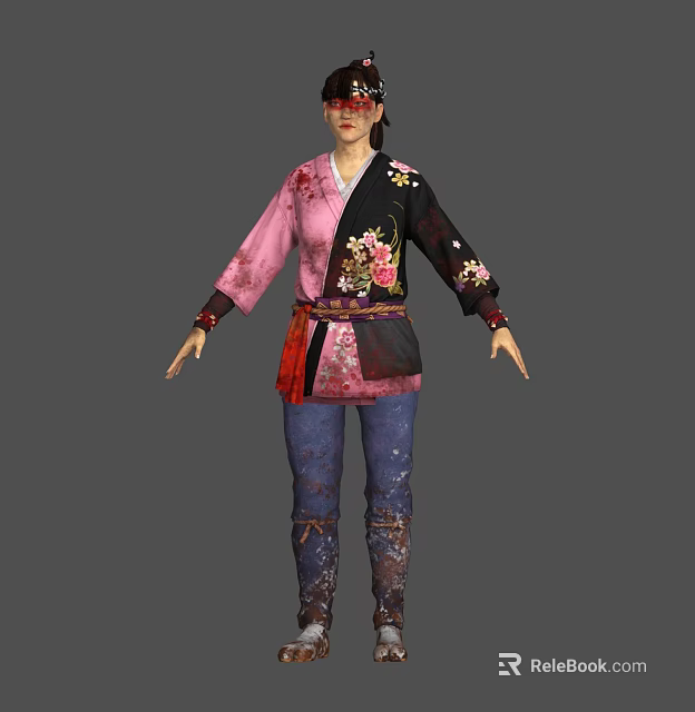 Game And Movie Character Wearing Pink Black Floral Outfit With Blue Pants And Red Belt 3d model 