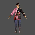 Game And Movie Character Wearing Pink Black Floral Outfit With Blue Pants And Red Belt