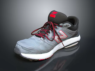Gray Red Black Sports Sneakers With Red Laces Mesh Upper White Sole Comfortable Design 3d model