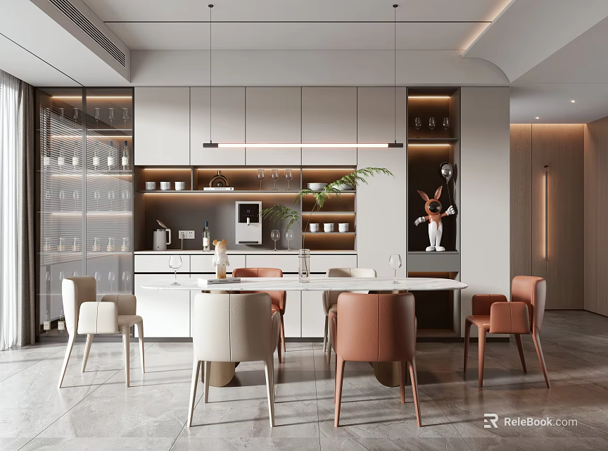 Modern Restaurant Interior With Dining Table Colored Chairs Pendant Lights And Glass Cabinets 3d model 