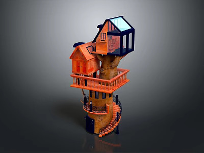 Spiral Multi Level Wooden Treehouse With Balcony Glass Windows And Staircase 3d model