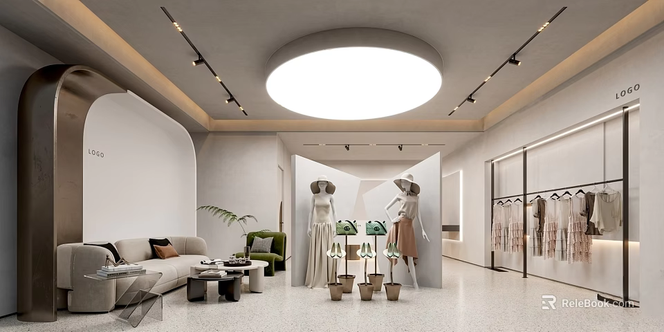 Modern Clothing Store Interior With Mannequins Sofa Potted Plants And Clothes Racks 3d model 