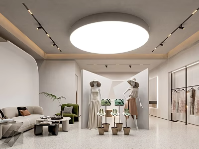Modern Clothing Store Interior With Mannequins Sofa Potted Plants And Clothes Racks 3d model