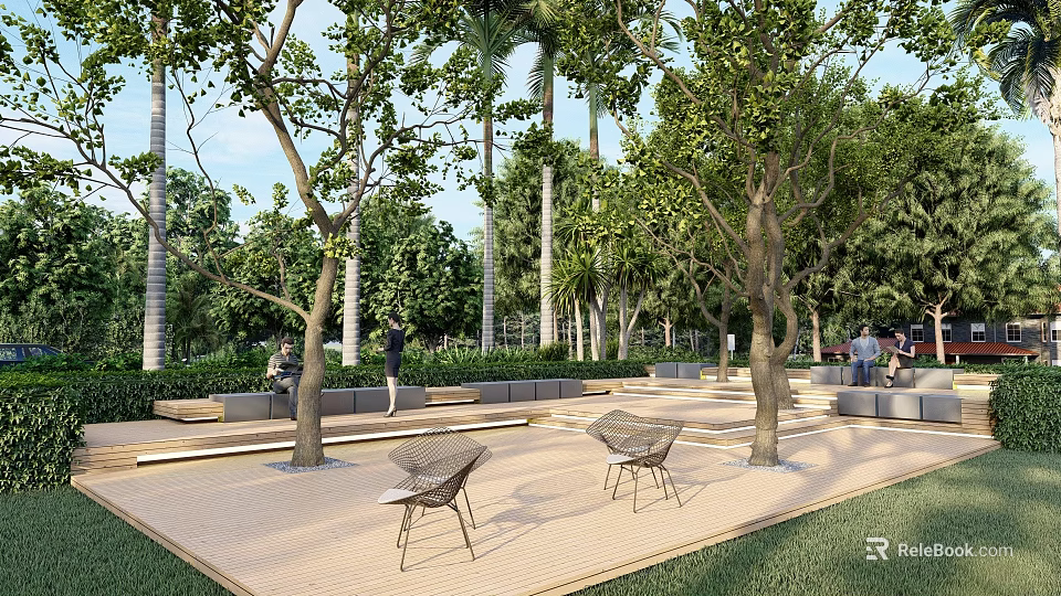 Rooftop Garden With Lush Trees Wooden Deck Benches And People Enjoying 3d model 