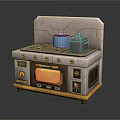 Vintage Style Kitchen Appliance With Stove Oven Microwave Featuring Blue And Silver Pots