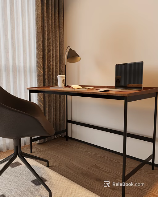 Wooden Home Office Desk with Laptop Table Lamp Coffee Cup Open Book and Chair 3d model 