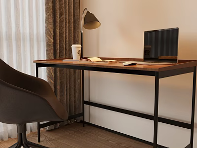 Wooden Home Office Desk with Laptop Table Lamp Coffee Cup Open Book and Chair 3d model