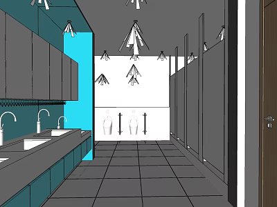 Public Restroom Interior With Multiple Sinks Stalls And Modern Chandeliers 3d model