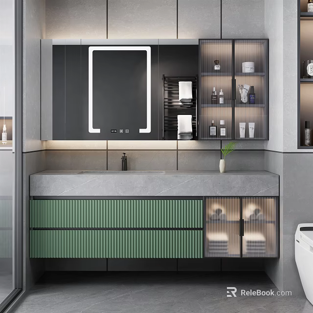 Modern Bathroom Interior Design With Large Mirror Green Ribbed Cabinets And Glass Door Storage 3d model 