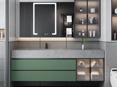 Modern Bathroom Interior Design With Large Mirror Green Ribbed Cabinets And Glass Door Storage 3d model