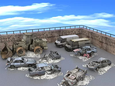 Abandoned Cars In Junkyard With Bulldozer Truck Bus And Other Vehicles Under Blue Sky Clouds 3d model
