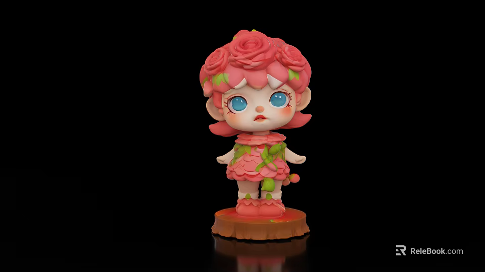 Cute Game Character Doll With Pink Rose Headpiece Big Blue Eyes And Wooden Base 3d model 