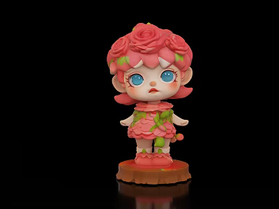 Cute Game Character Doll With Pink Rose Headpiece Big Blue Eyes And Wooden Base 3d model