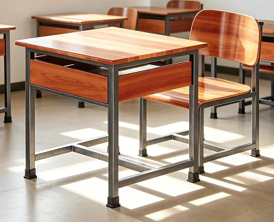 Wooden Classroom Desk And Chair With Metal Frame In Bright Setting 3d model