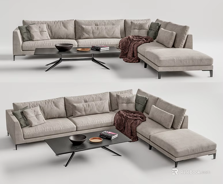 Light Gray Sectional Sofa with Multiple Cushions Brown Blanket and Black Coffee Table Modern Interior 3d model