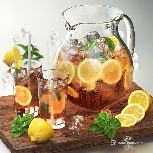 Refreshing Drink In Glass Pitcher And Cups With Ice Cubes Lemon Slices And Mint Leaves 3d model 