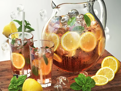 Refreshing Drink In Glass Pitcher And Cups With Ice Cubes Lemon Slices And Mint Leaves 3d model