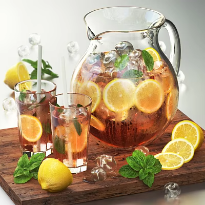 Refreshing Drink In Glass Pitcher And Cups With Ice Cubes Lemon Slices And Mint Leaves 3d model