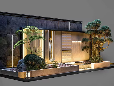 Modern Landscape Feature Wall Design With Stone Surface Greenery Flowing Water And Recessed Lighting 3d model