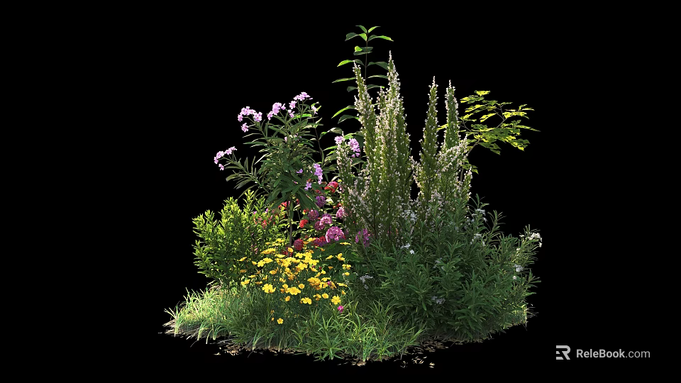 Green Shrub With Various Plants Purple Pink Yellow Flowers And Different Heights Herbs 3d model 