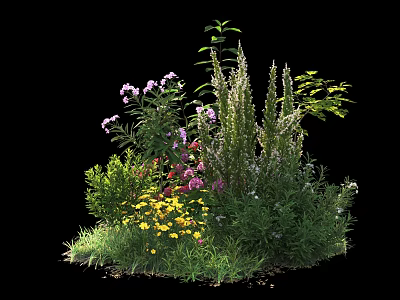 Green Shrub With Various Plants Purple Pink Yellow Flowers And Different Heights Herbs 3d model