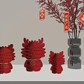 Decorative Red Honeycomb Ornament Set With Black Vase Red Branches Lucky Fu And Chun Charms