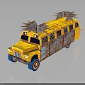 Modified Rusty Yellow School Bus With Spikes And Barred Windows 3d model
