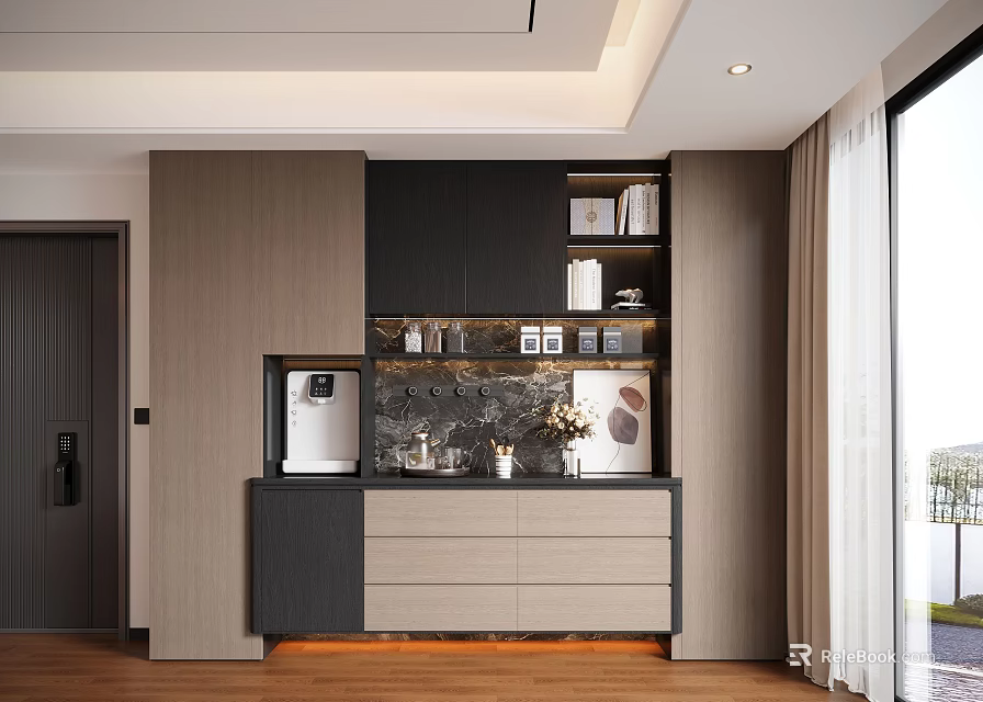 Modern Sideboard with Dark and Light Wood Panels Open Shelves and Decorative Items in Home 3d model 