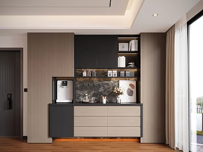 Modern Sideboard with Dark and Light Wood Panels Open Shelves and Decorative Items in Home 3d model
