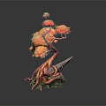 Cartoon Scene Featuring Tree With Red Orange Leaves Twisted Trunk Coiled Roots And Rock Base
