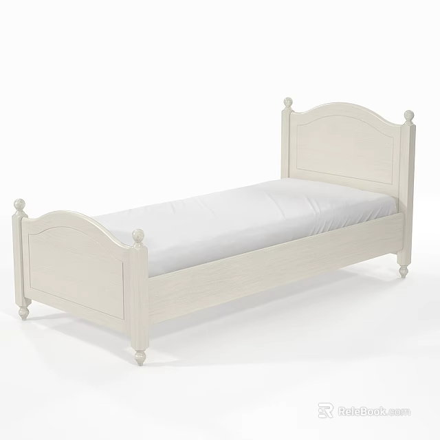 White Wooden Single Bed With Curved Headboard And Ball Finial Legs 3d model 