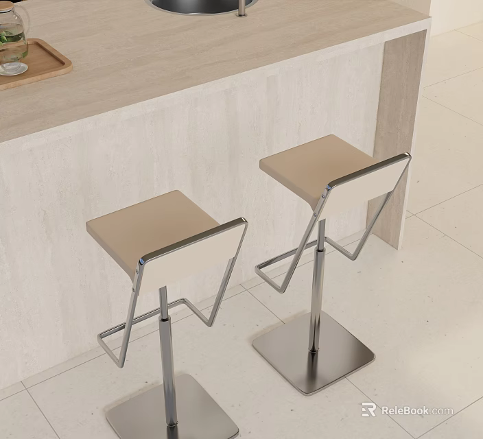 Modern Bar Stools With Beige Seats And Metal Frames Next To Light Colored Bar Counter 3d model 