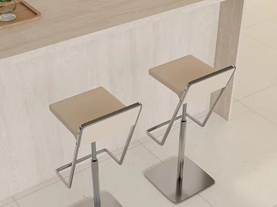 Modern Bar Stools With Beige Seats And Metal Frames Next To Light Colored Bar Counter 3d model