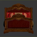 Classic Wooden Bed Frame With Red Upholstered Headboard And Floral Bedding