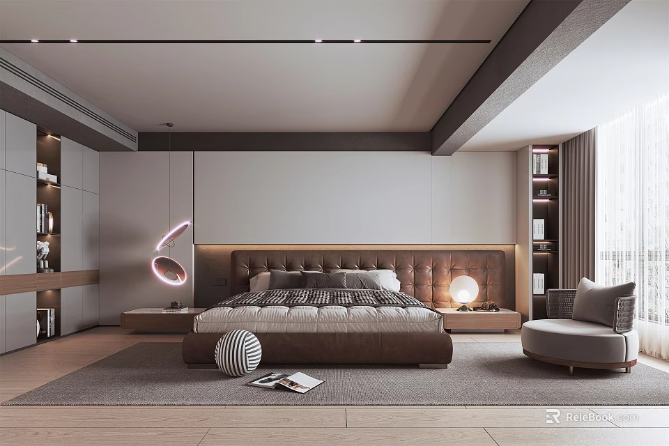 Modern Bedroom Interior Design With Comfortable Bed Stylish Headboard Ambient Lighting And Bookshelves 3d model 