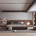 Modern Bedroom Interior Design With Comfortable Bed Stylish Headboard Ambient Lighting And Bookshelves