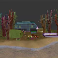 Garden Landscape With Bare Trees RV Green Tent Campfire And Boat Near Water