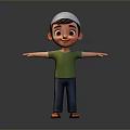 Smiling Child In White Cap Green Shirt Blue Pants Brown Sandals With Arms Outstretched
