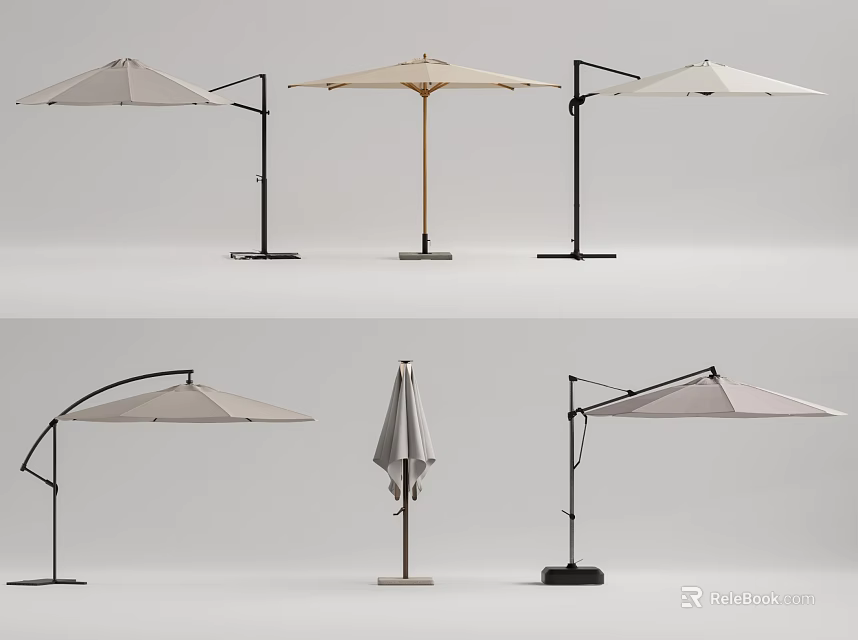 Various Styles Of Outdoor Umbrellas With Different Stand Designs And Canopy Colors 3d model 